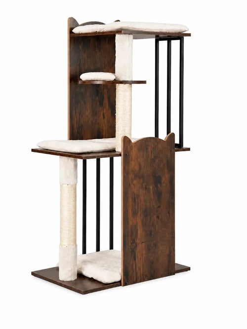 Arbre à chat bois design Rustélia 112 cm avec coussins, vue complète