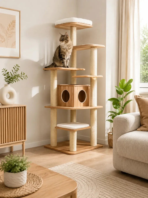Arbre à chat bois design Lignoria installé dans un salon