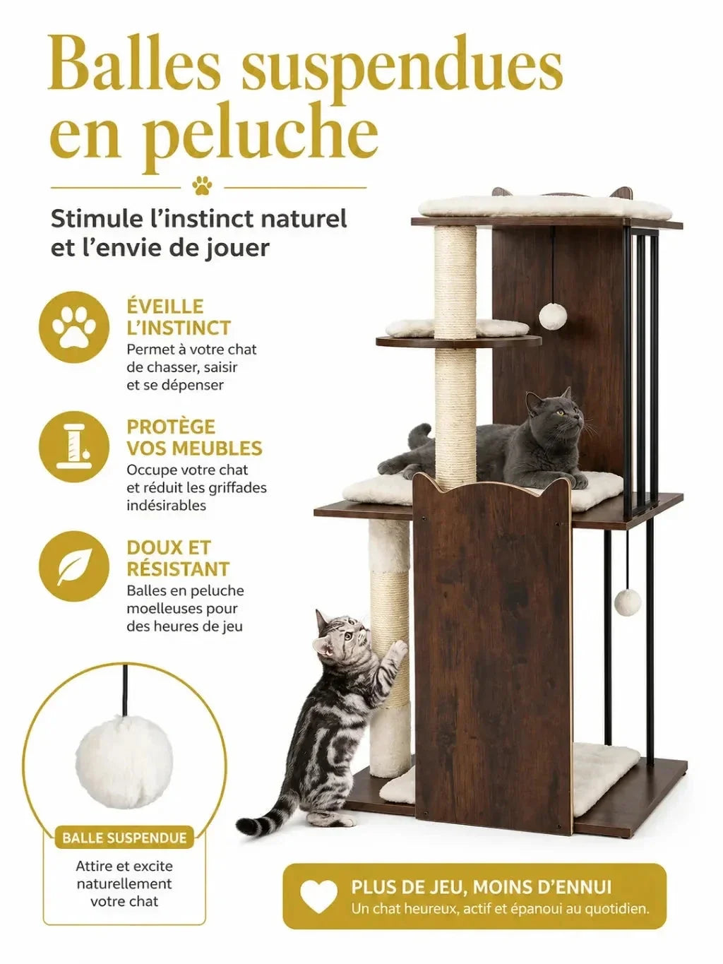 Deux balles en peluche suspendues sur les plateformes de l’arbre à chat bois design Rustélia