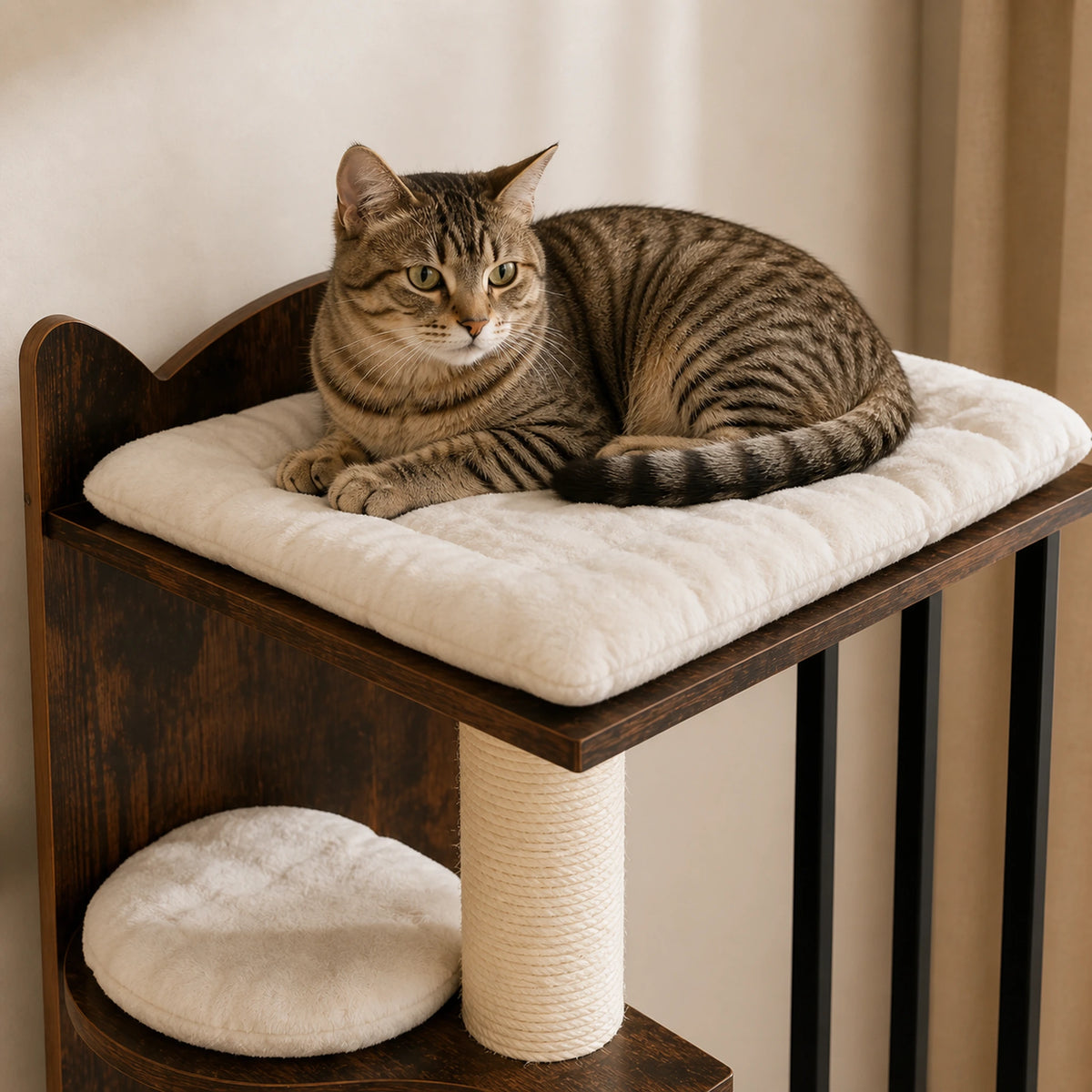 Chat allongé sur le coussin de la plateforme 40 × 40 cm de l’arbre à chat bois design Rustélia