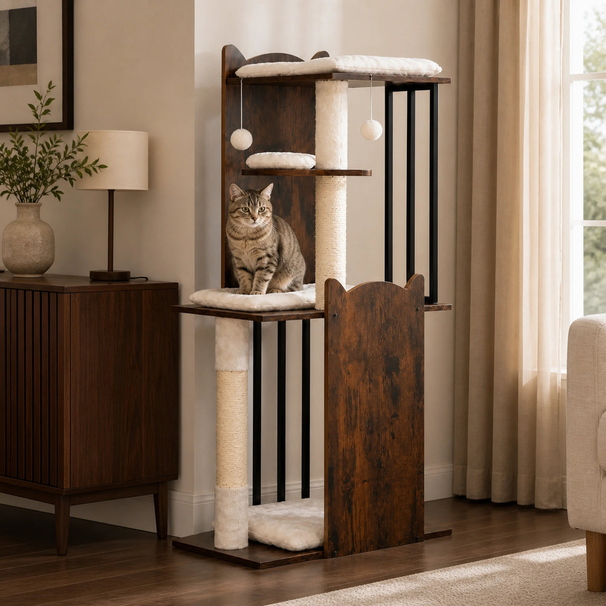 Arbre à chat bois design Rustélia installé dans un salon avec un chat sur le couchage supérieur