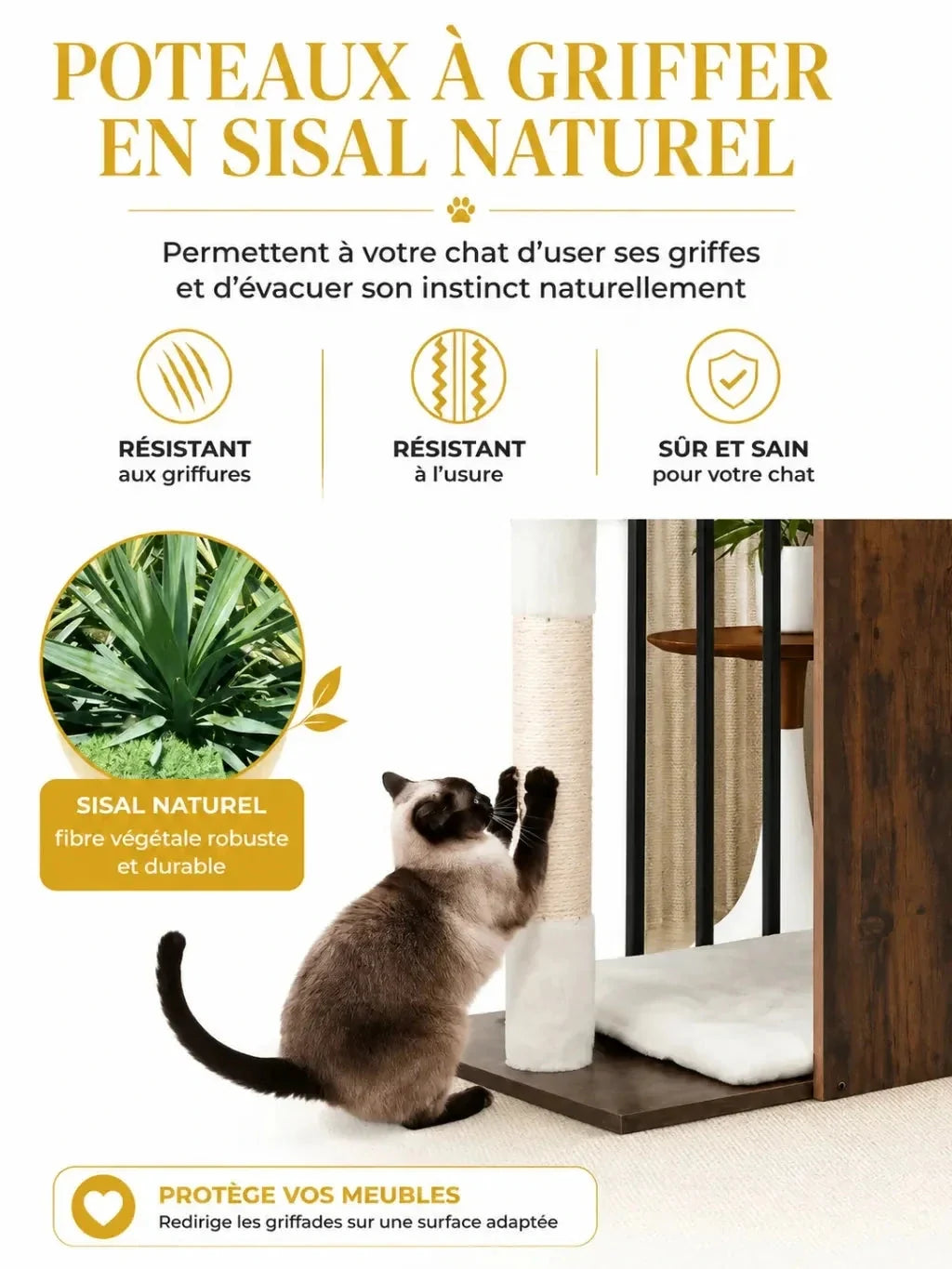 Poteaux recouverts de sisal naturel de l’arbre à chat bois design Rustélia pour les griffades