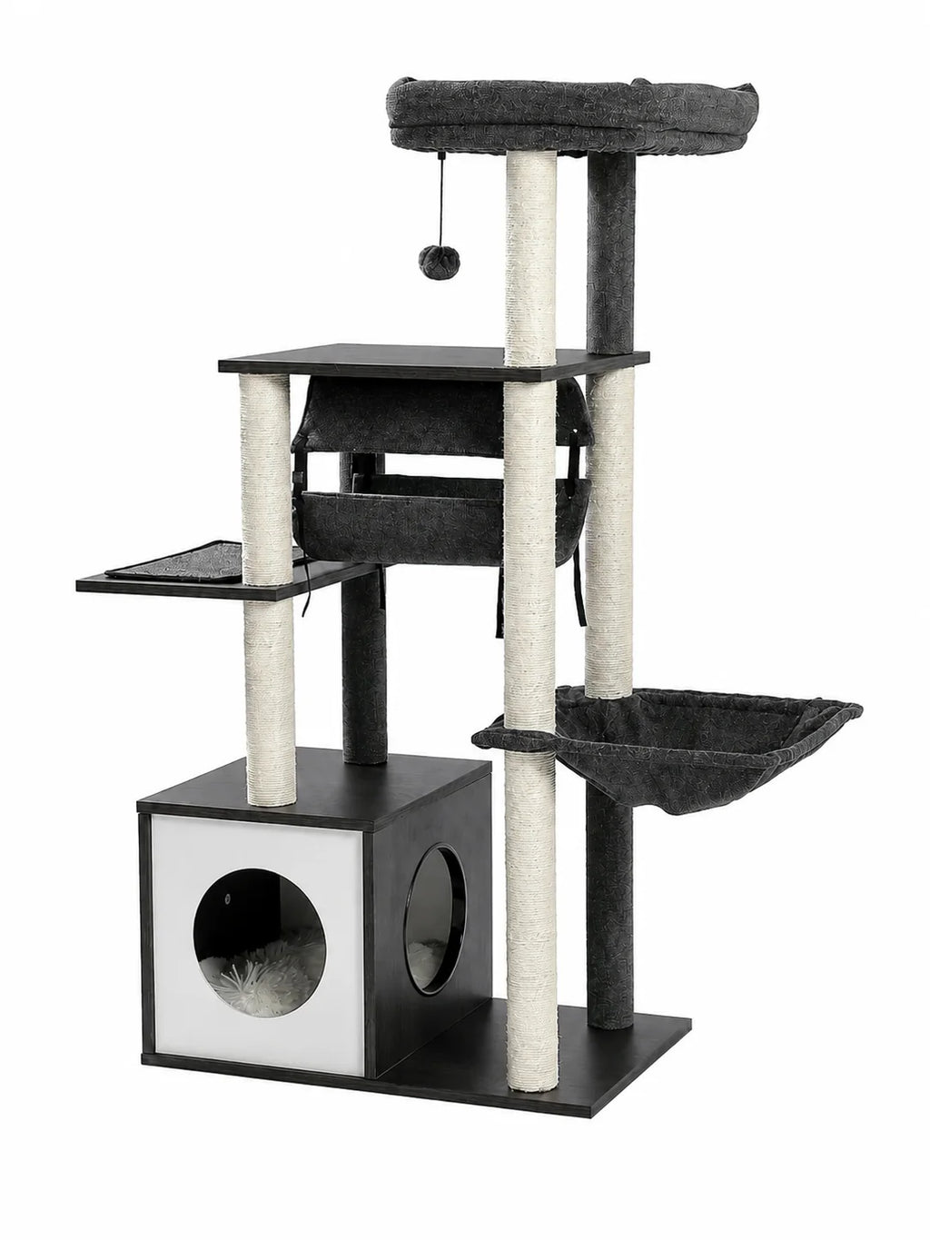 Arbre à chat en bois gris 130,5 cm Alcova avec niche, tunnel et hamac