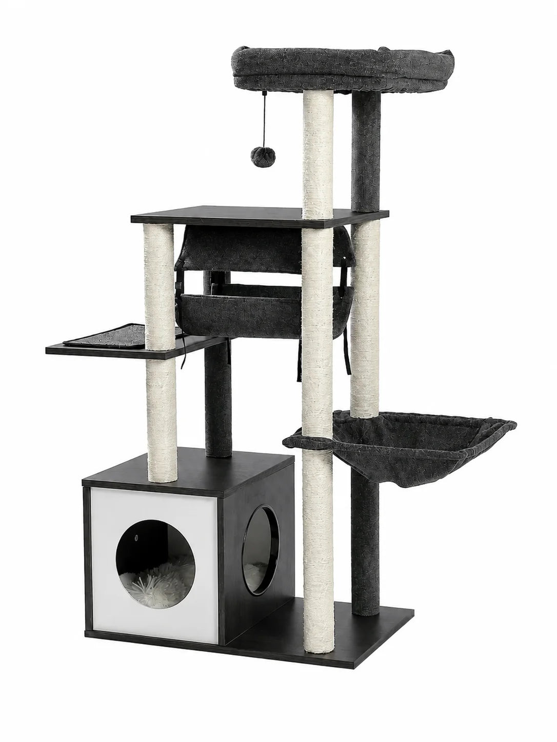Arbre à chat en bois gris 130,5 cm Alcova avec niche, tunnel et hamac