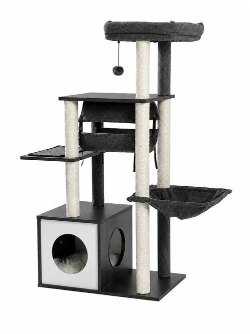 Arbre à chat en bois gris 130,5 cm Alcova avec niche, tunnel et hamac