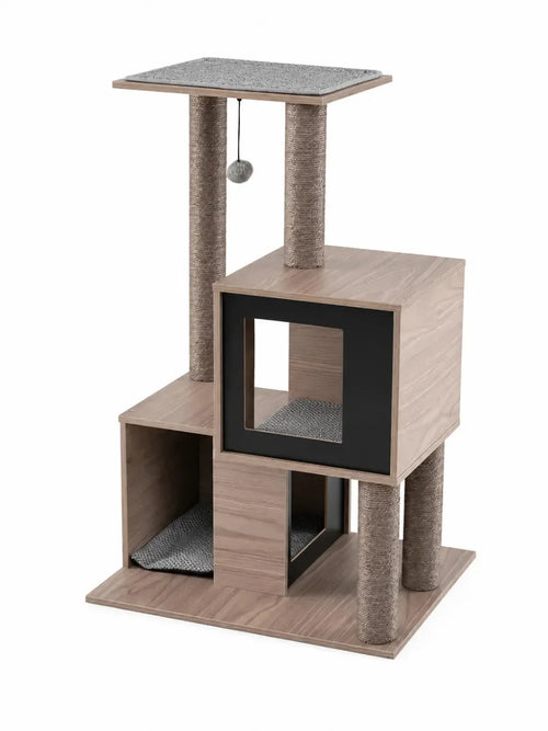 Arbre à chat bois gris Cubélia 94 cm avec deux niches, vue complète