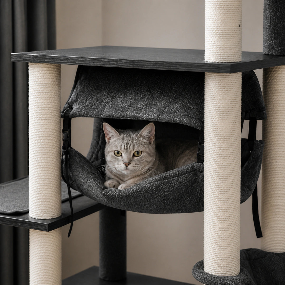 Tunnel suspendu de l’arbre à chat en bois gris Alcova avec un chat installé entre les poteaux en sisal