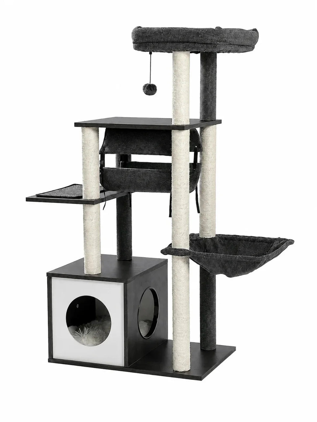 Arbre à chat en bois gris Alcova de 130,5 cm avec niche, tunnel suspendu, hamac et perchoir