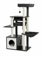 Arbre à chat en bois gris Alcova de 130,5 cm avec niche, tunnel suspendu, hamac et perchoir