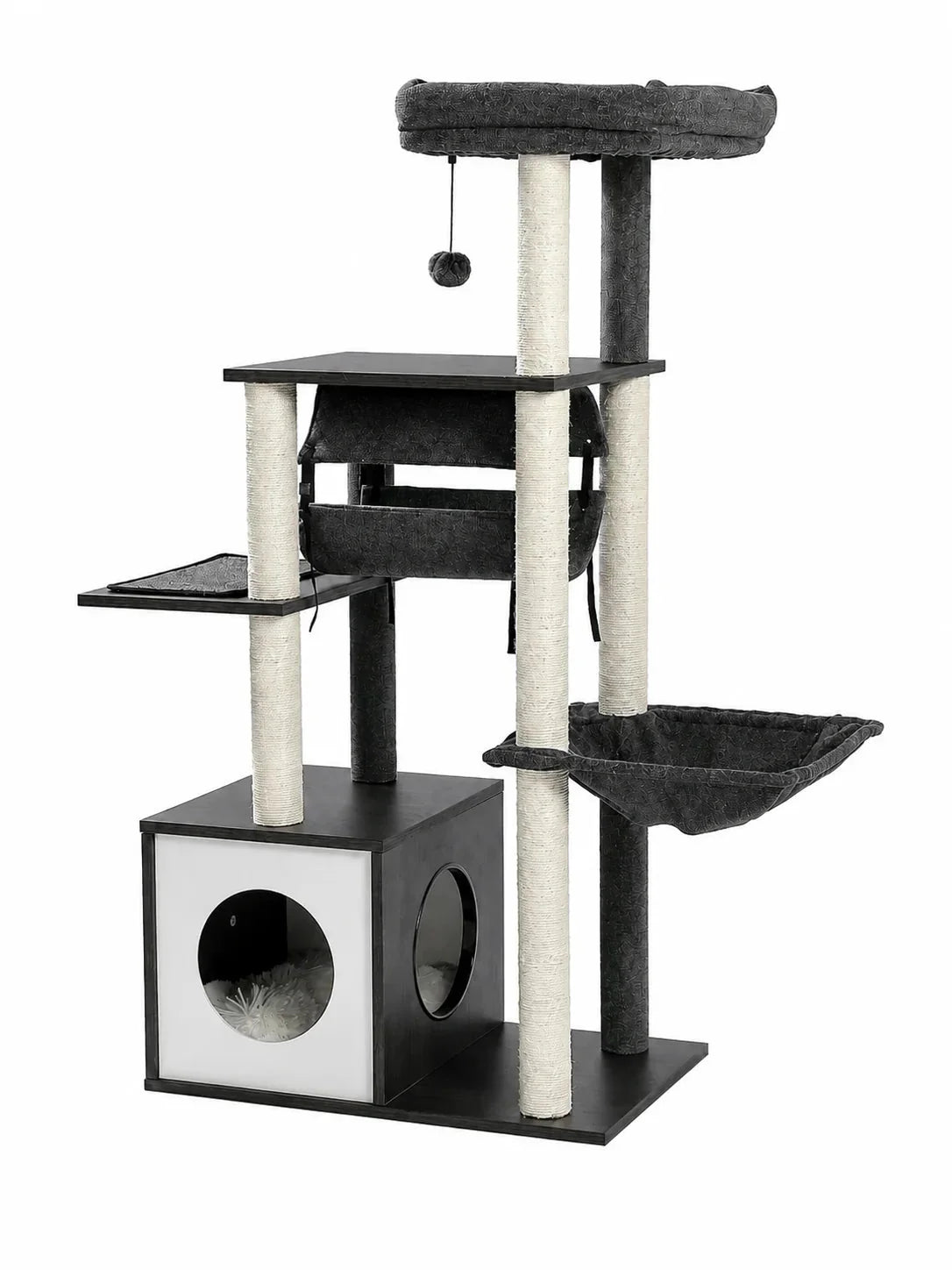 Arbre à chat en bois gris Alcova de 130,5 cm avec niche, tunnel suspendu, hamac et perchoir