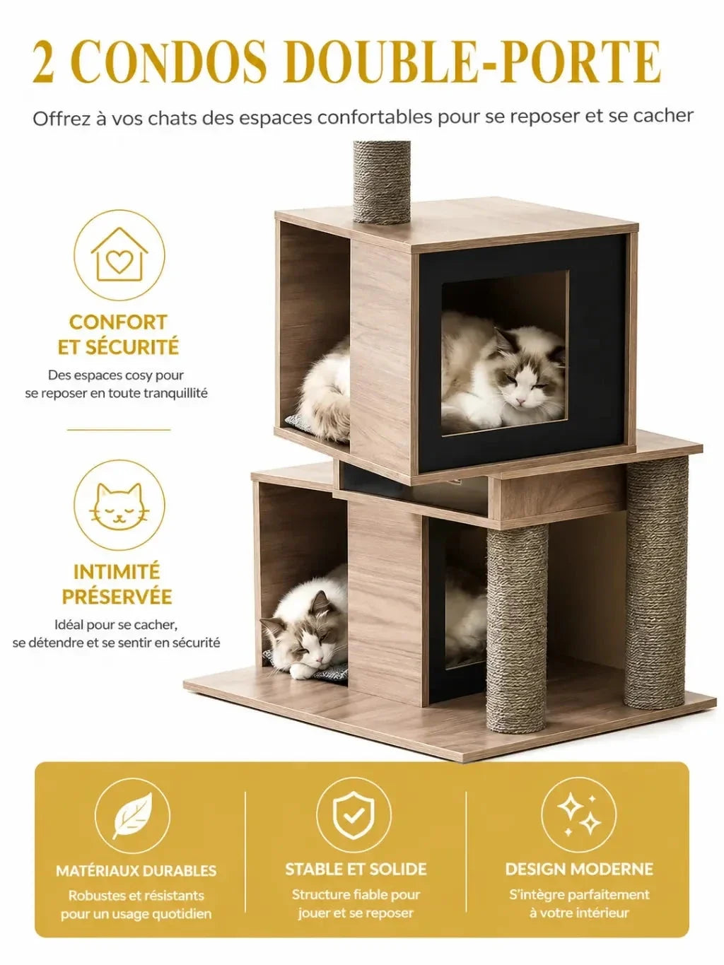 Deux niches à double ouverture de l’arbre à chat bois gris Cubélia pour circuler et se cacher