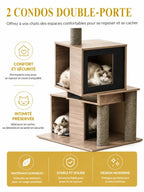 Deux niches à double ouverture de l’arbre à chat bois gris Cubélia pour circuler et se cacher