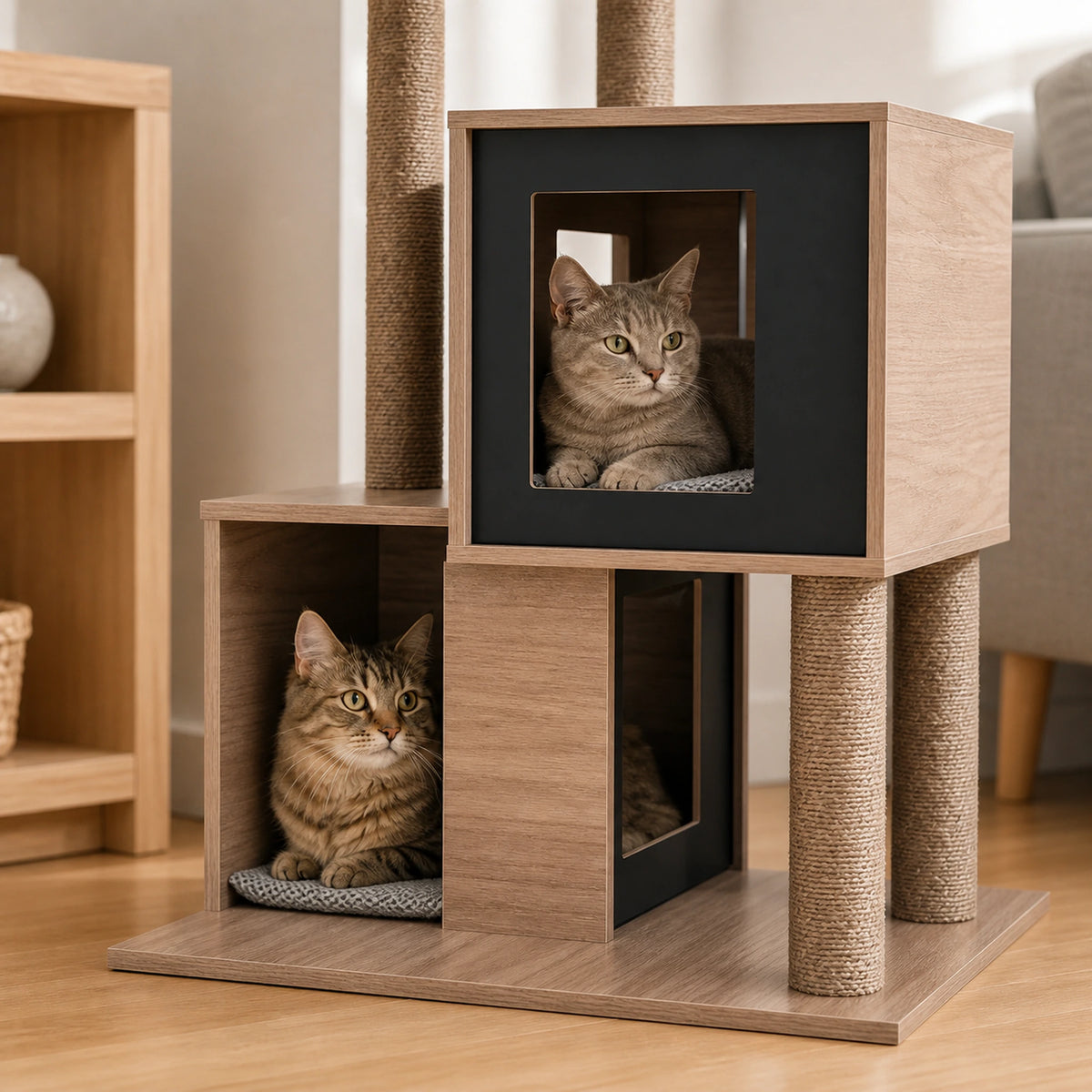 Deux chats installés séparément dans les niches à double ouverture de l’arbre à chat gris Cubélia