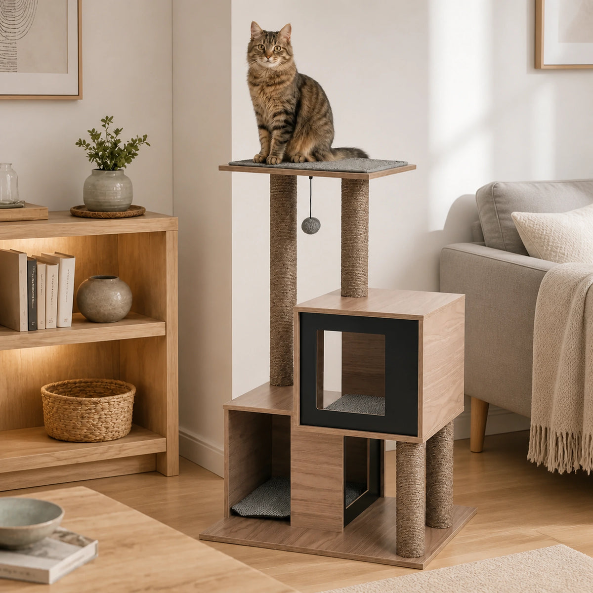 Arbre à chat bois gris Cubélia installé dans un salon avec deux niches et un chat sur le perchoir