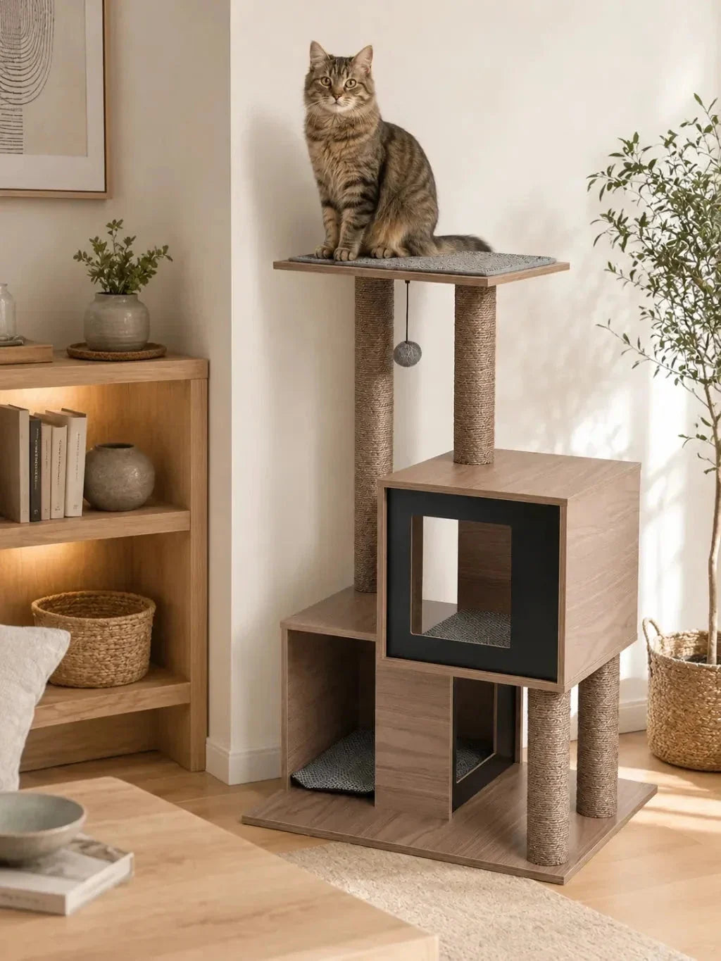 Arbre à chat bois gris Cubélia installé dans un salon avec deux niches superposées et perchoir