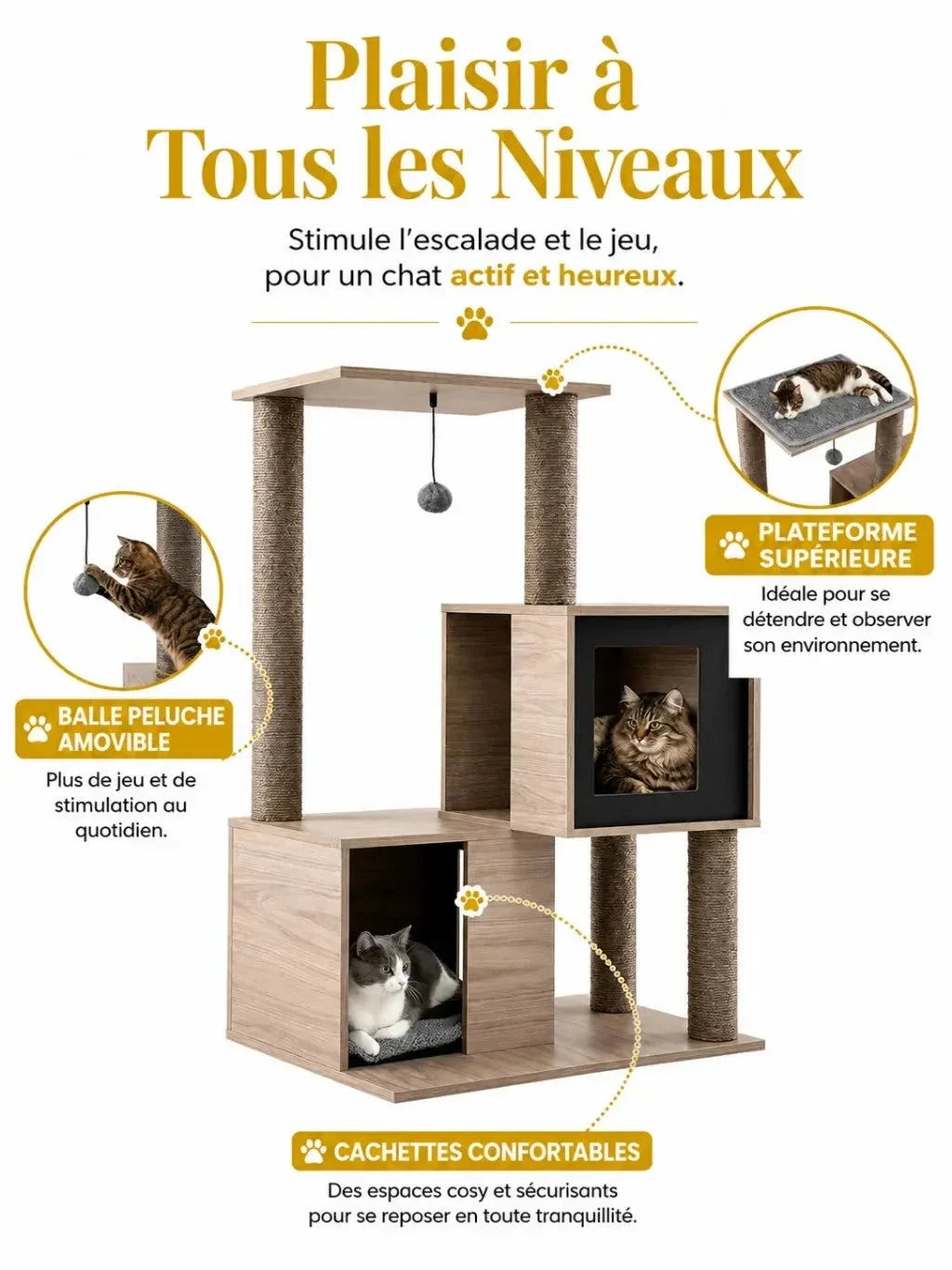 Perchoir supérieur, balle suspendue et niches de l’arbre à chat bois gris Cubélia de 94 cm