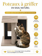 Quatre poteaux recouverts de sisal autour des niches de l’arbre à chat bois gris Cubélia