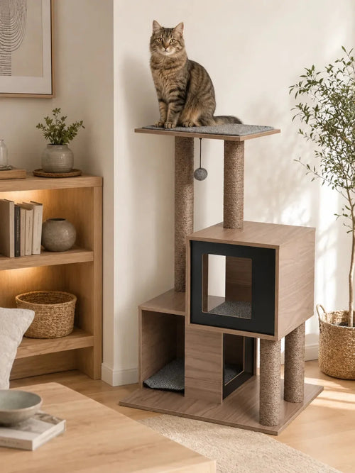 Arbre à chat bois gris Cubélia installé dans un salon avec un chat