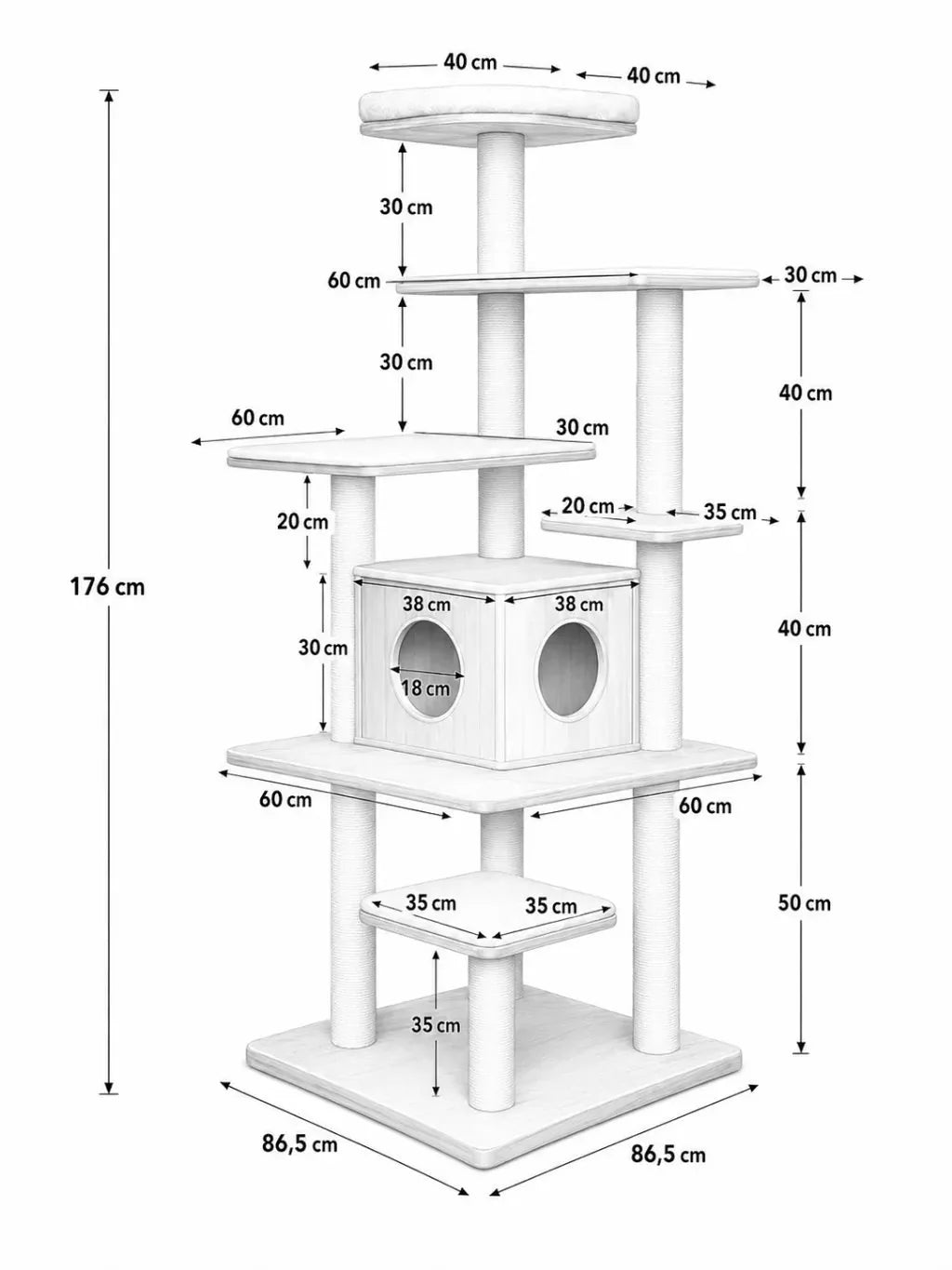 Dimensions de l’arbre à chat bois Lignoria hauteur 176 cm