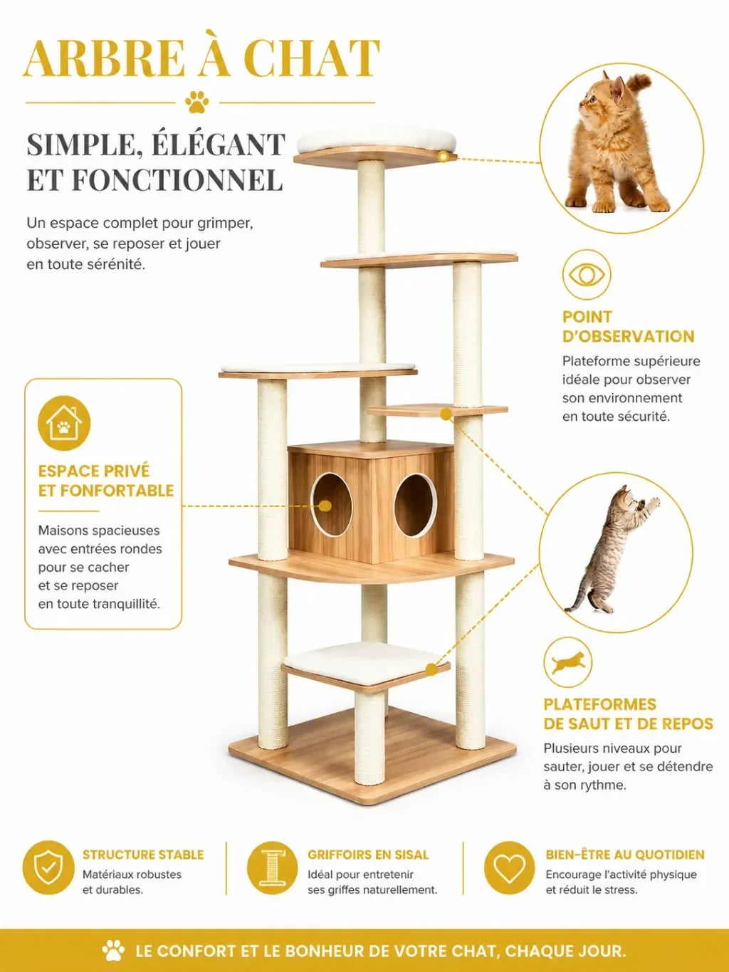Arbre à chat bois Lignoria avec niche à deux ouvertures et plateformes