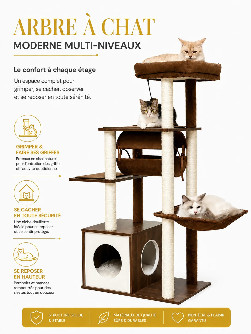 Parcours en bois marron avec plateformes, niche et hamac de l'arbre à chat Novera