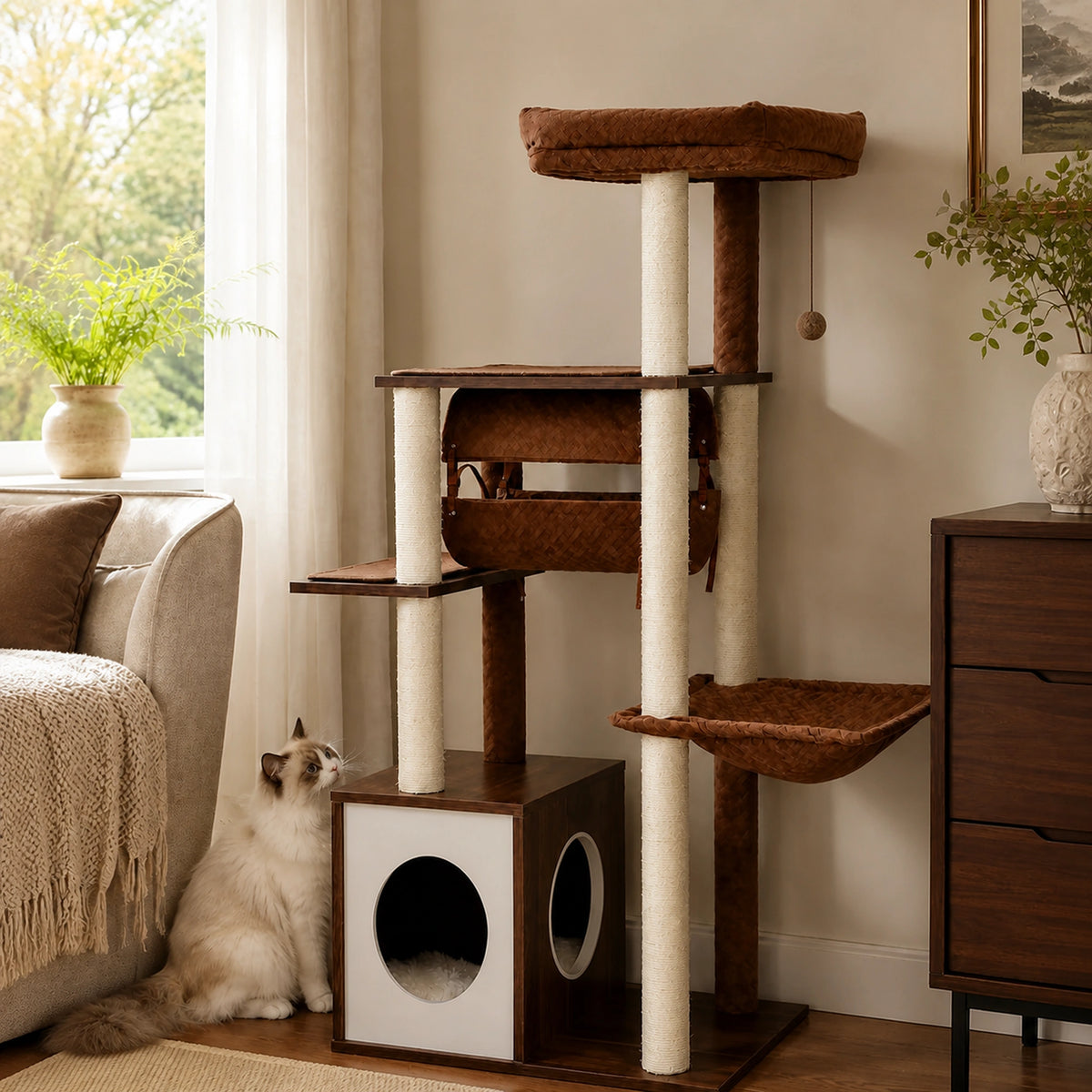 Arbre à chat en bois marron Novera installé près d’une fenêtre avec niche, tunnel et grand hamac