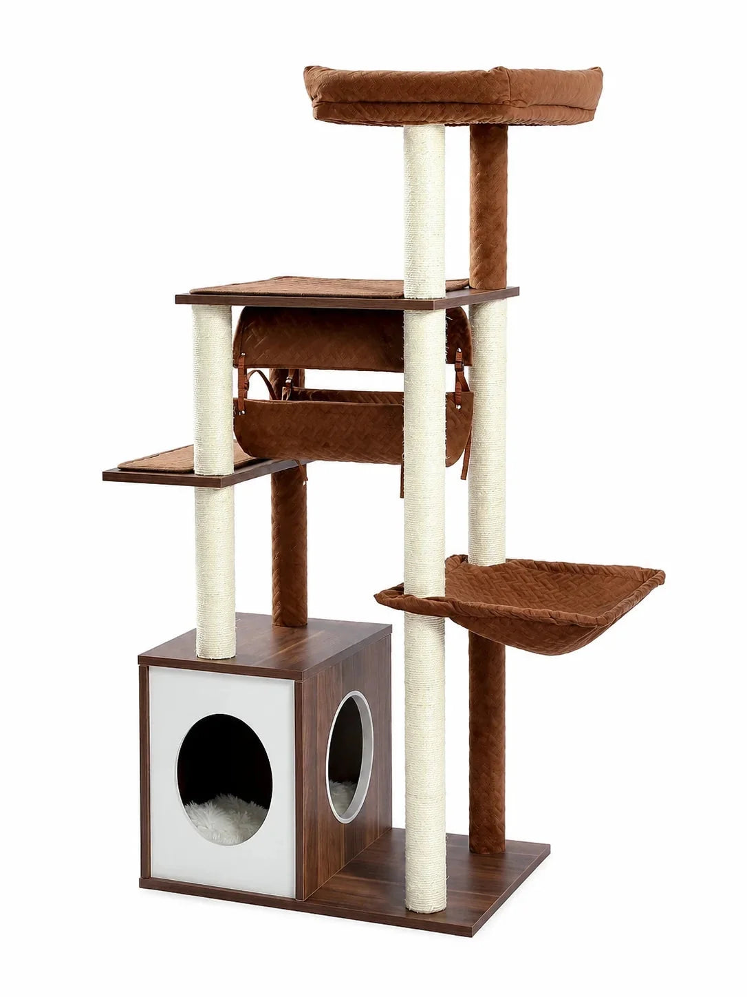 Arbre à chat en bois marron Novera de 130,5 cm avec niche, tunnel suspendu, hamac et perchoir