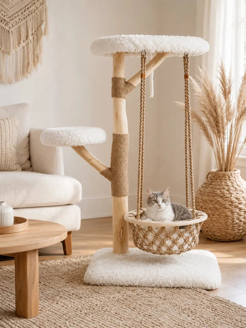 Arbre à chat bois naturel avec hamac suspendu Balancia en ambiance salon