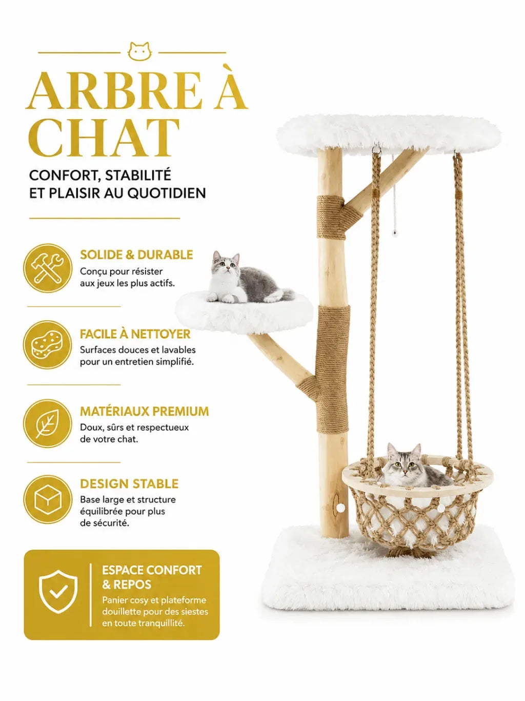 Confort de l’arbre à chat bois naturel Balancia avec hamac suspendu et plateforme douce