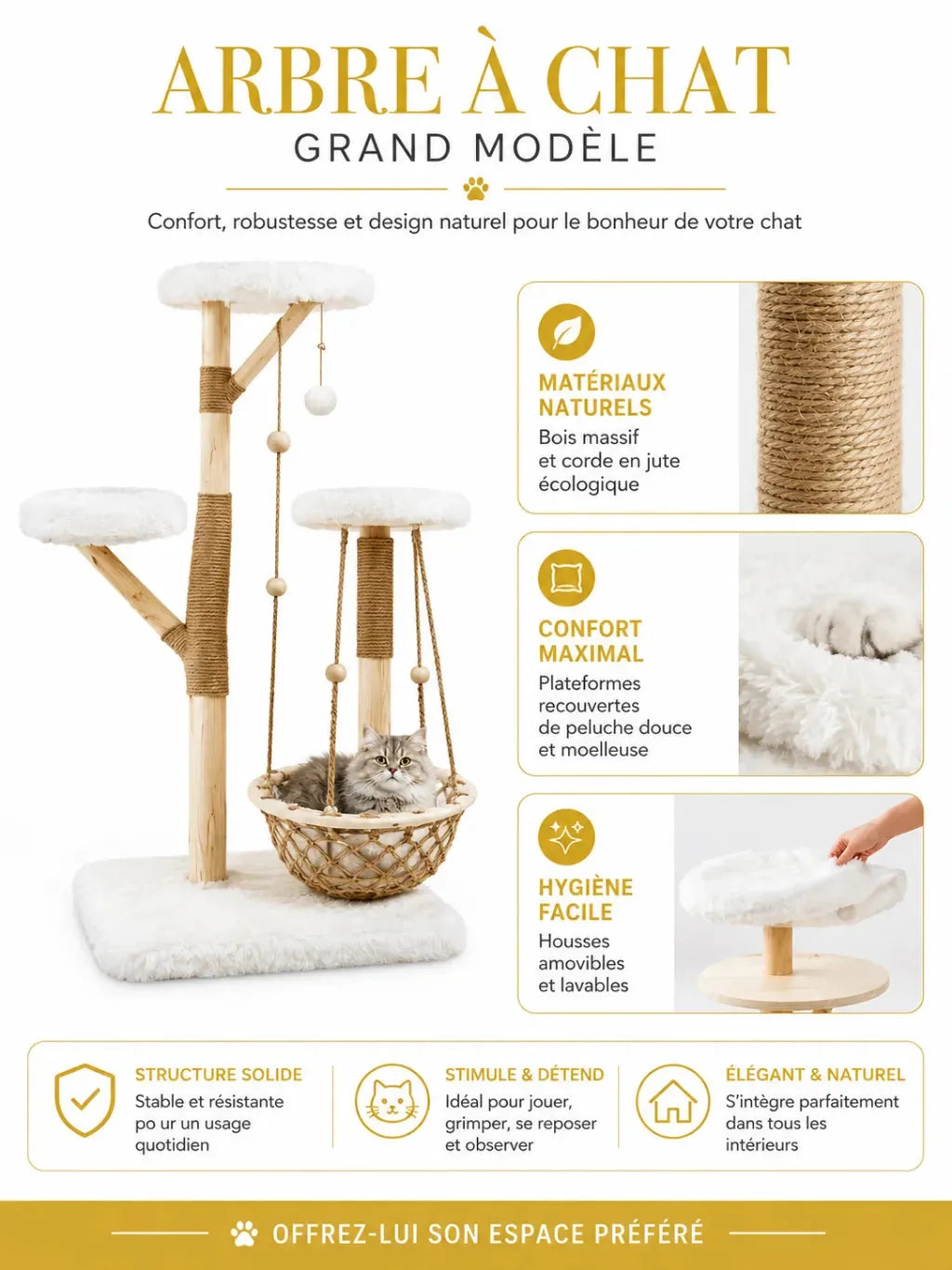 Détails jute, bois naturel et coussin de l’arbre à chat hamac suspendu Balancia