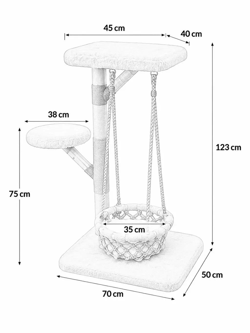 Dimensions 123 cm de l’arbre à chat bois naturel avec hamac suspendu Balancia