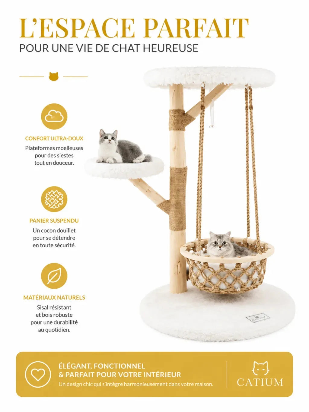 Plateformes et panier suspendu de l’arbre à chat bois naturel Balancia
