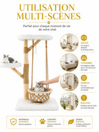 Utilisation multi-scènes de l’arbre à chat bois naturel Balancia pour jouer, griffer et dormir
