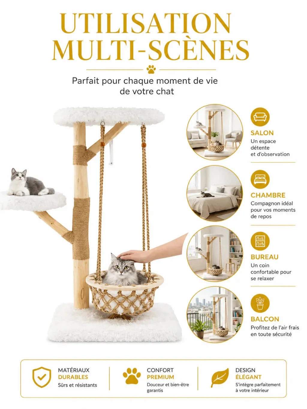 Utilisation multi-scènes de l’arbre à chat bois naturel Balancia pour jouer, griffer et dormir