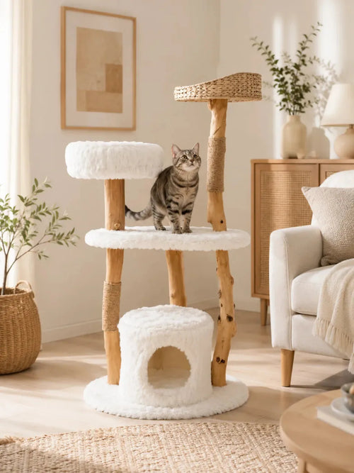 Arbre à chat bois naturel avec panier tressé Nacoria en ambiance salon