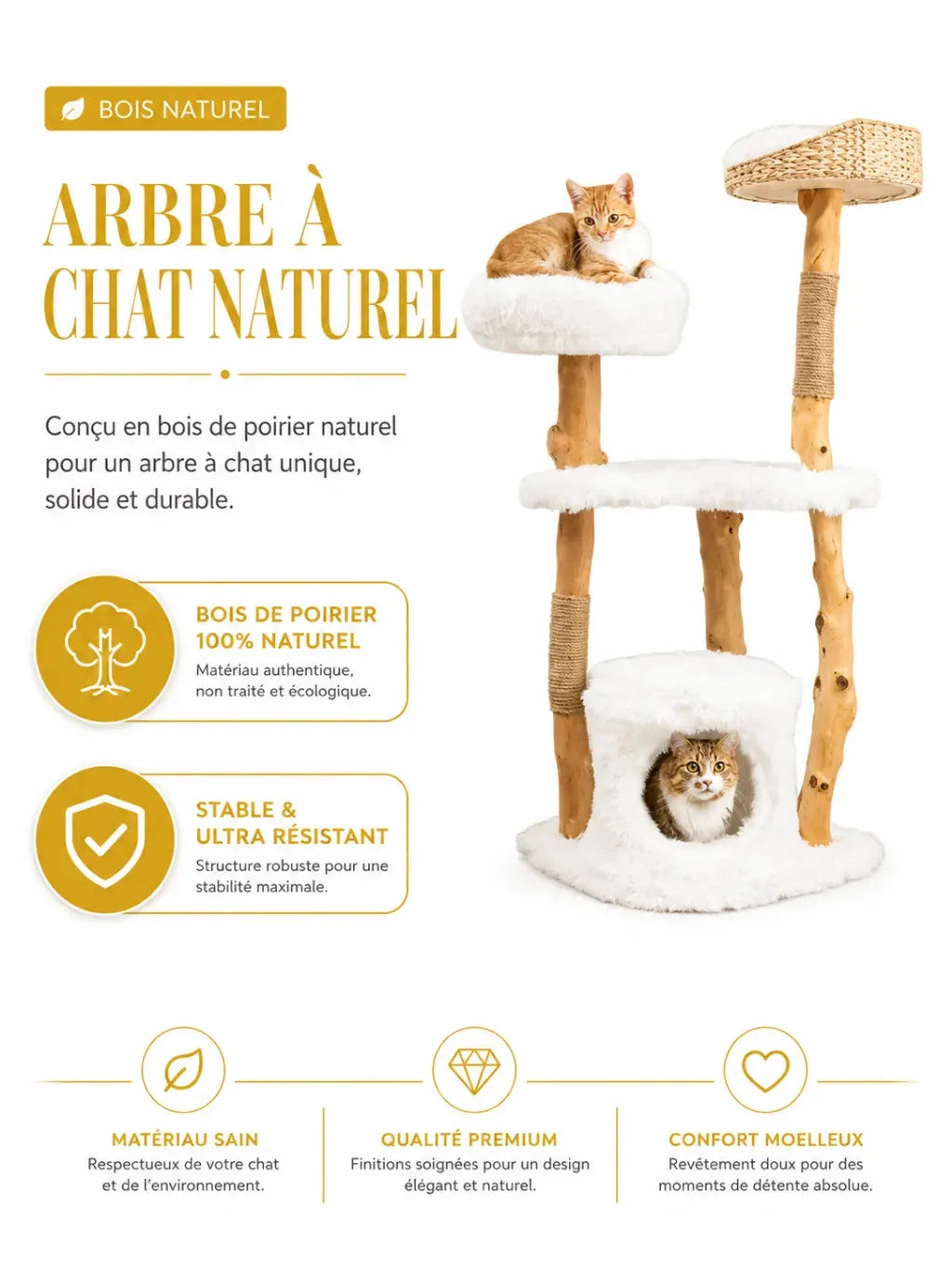 Détails bois naturel, jute et panier tressé de l’arbre à chat Nacoria