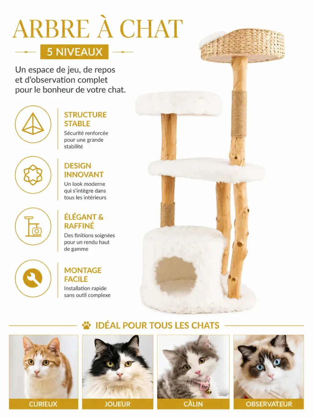 Arbre à chat bois naturel Nacoria avec plusieurs niveaux, niche, panier et base stable
