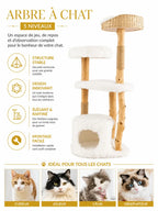 Arbre à chat bois naturel Nacoria avec plusieurs niveaux, niche, panier et base stable