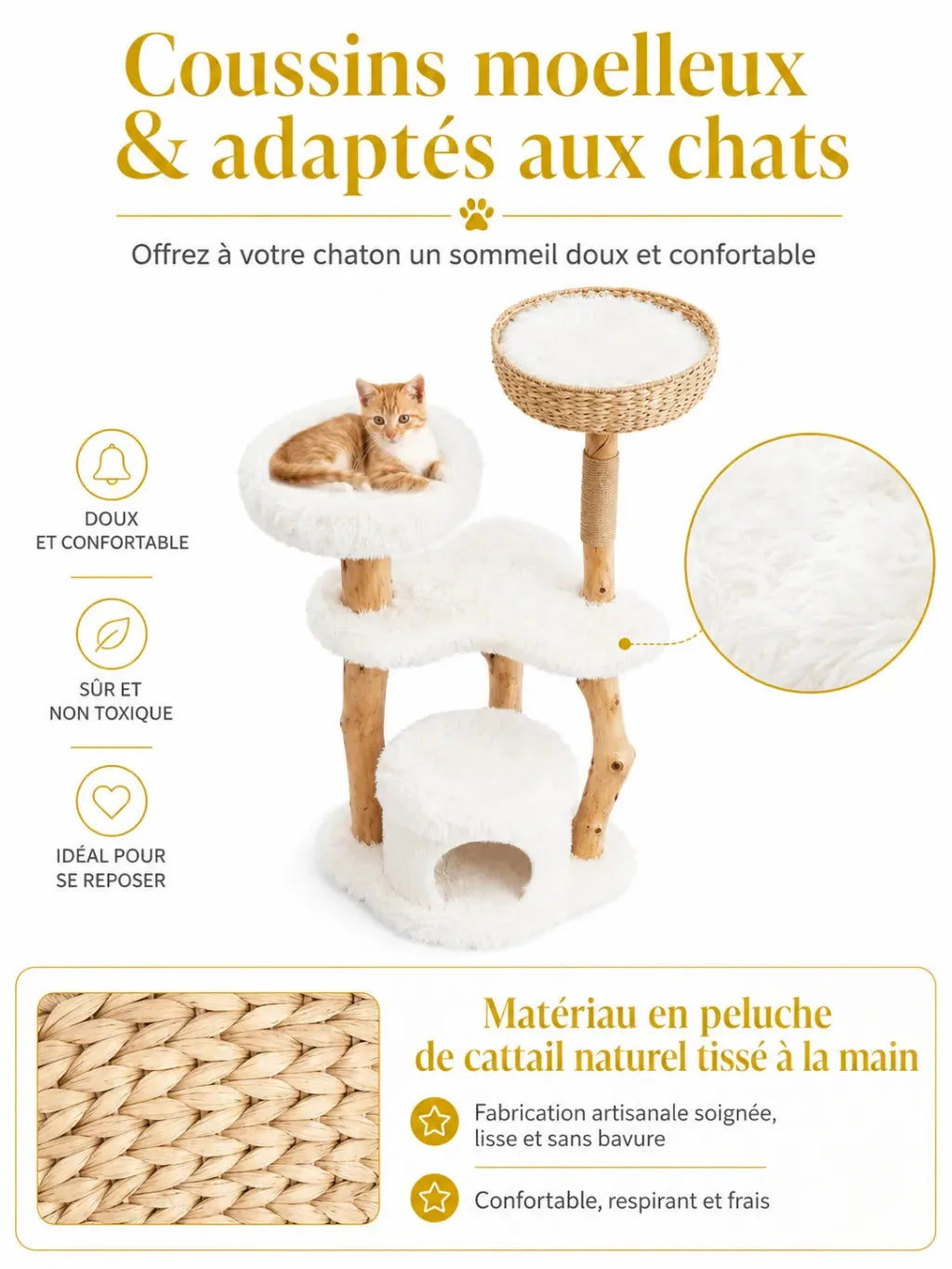 Coussins moelleux de l’arbre à chat bois naturel Nacoria pour le repos du chat