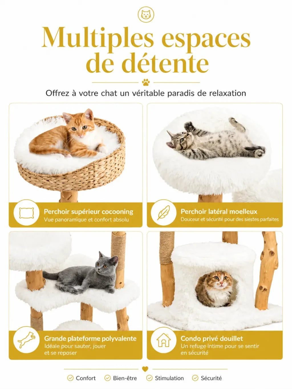 Espaces de détente de l’arbre à chat bois naturel Nacoria avec panier tressé et niche