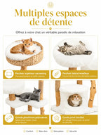 Espaces de détente de l’arbre à chat bois naturel Nacoria avec panier tressé et niche