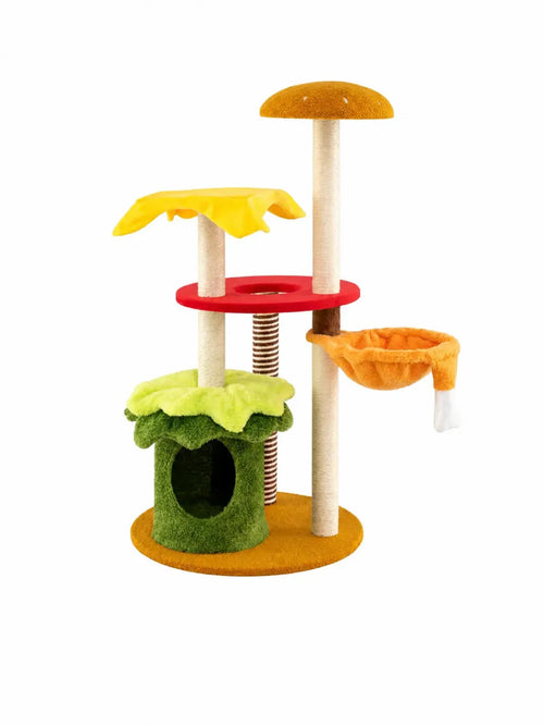 Arbre à chat burger Burgella 117 cm avec panier suspendu, niche et plateformes moelleuses