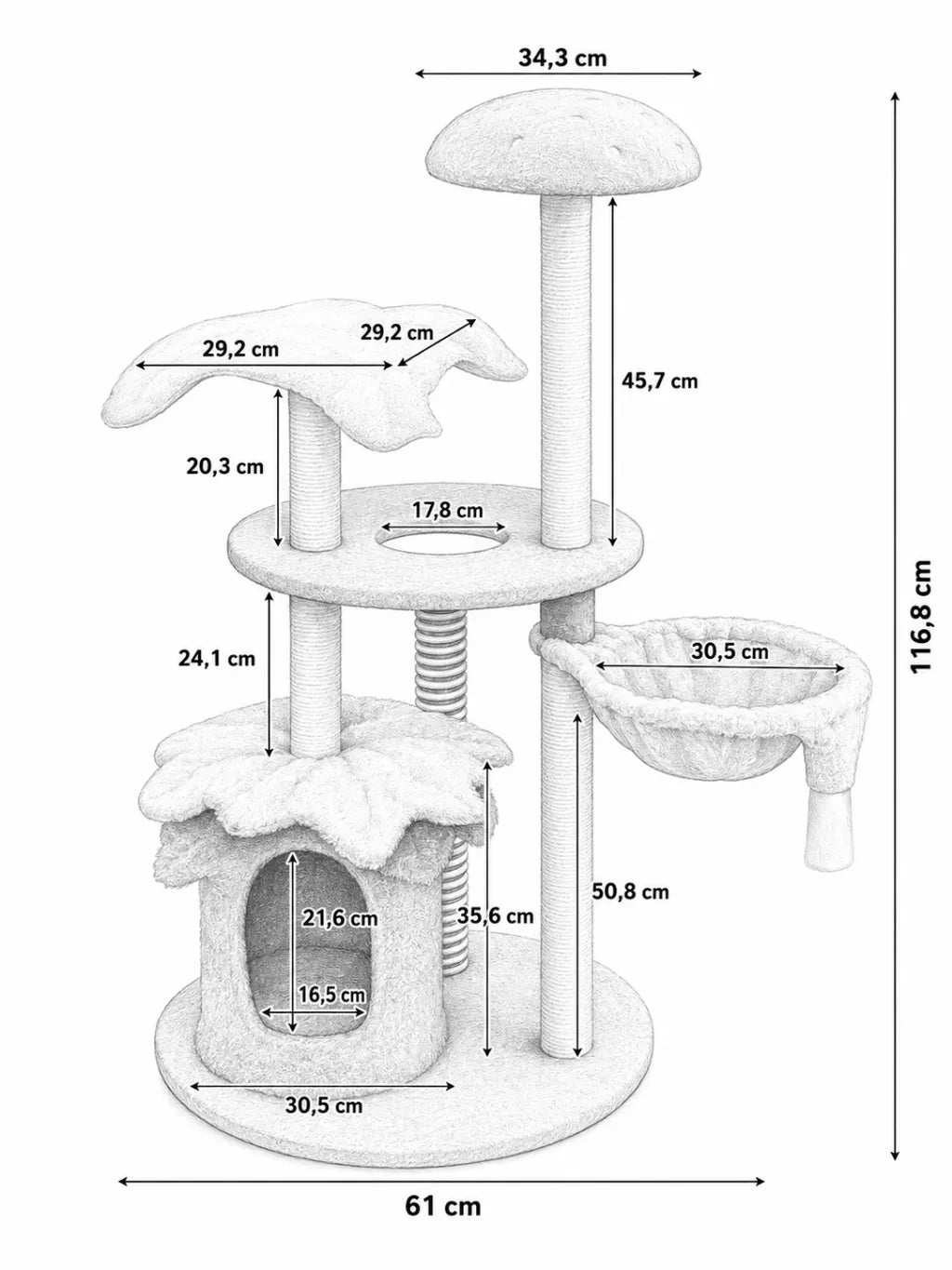 Dimensions de l’arbre à chat burger Burgella 117 cm avec diamètre au sol 60 cm