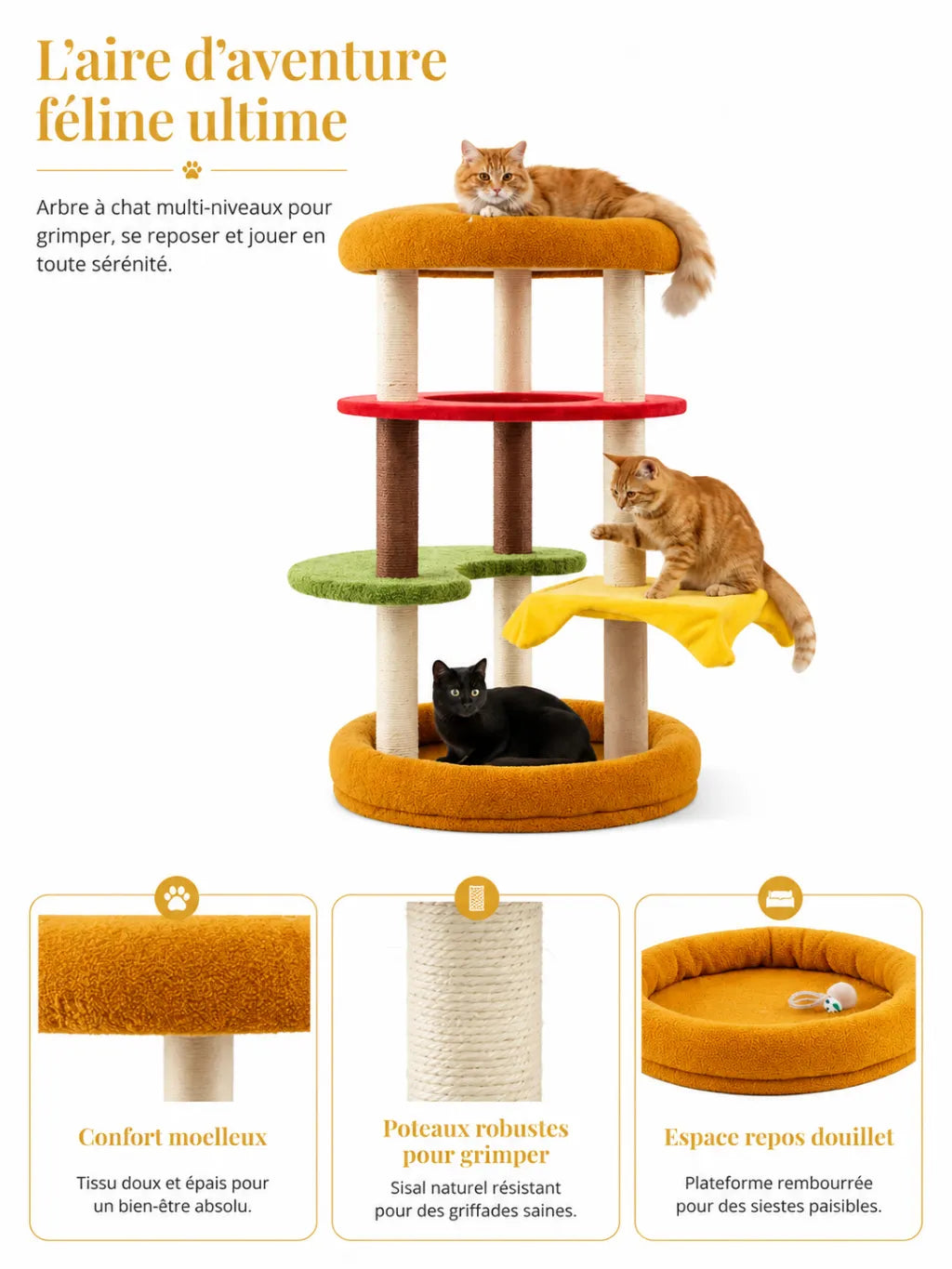 Couchage rembourré de l’arbre à chat burger Burgino pour un repos confortable