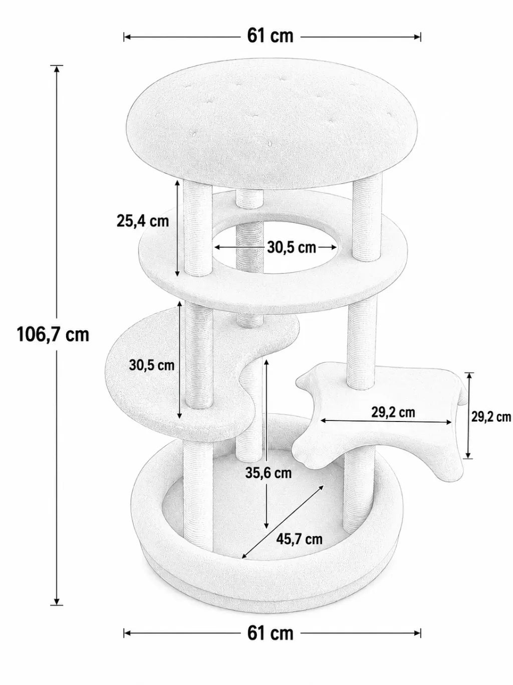 Dimensions de l’arbre à chat burger Burgino 106 cm compact et multi-niveaux
