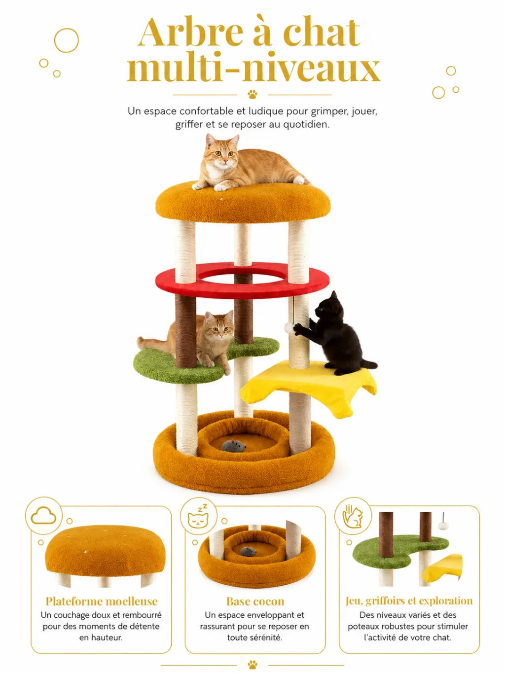 Griffoirs en sisal de l’arbre à chat burger Burgino pour aider aux griffades