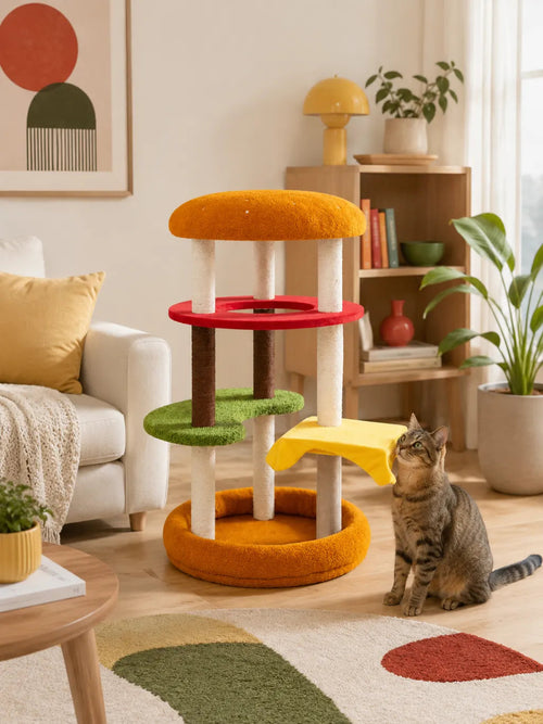 Arbre à chat burger Burgino installé en intérieur avec espace de jeu et repos pour chat