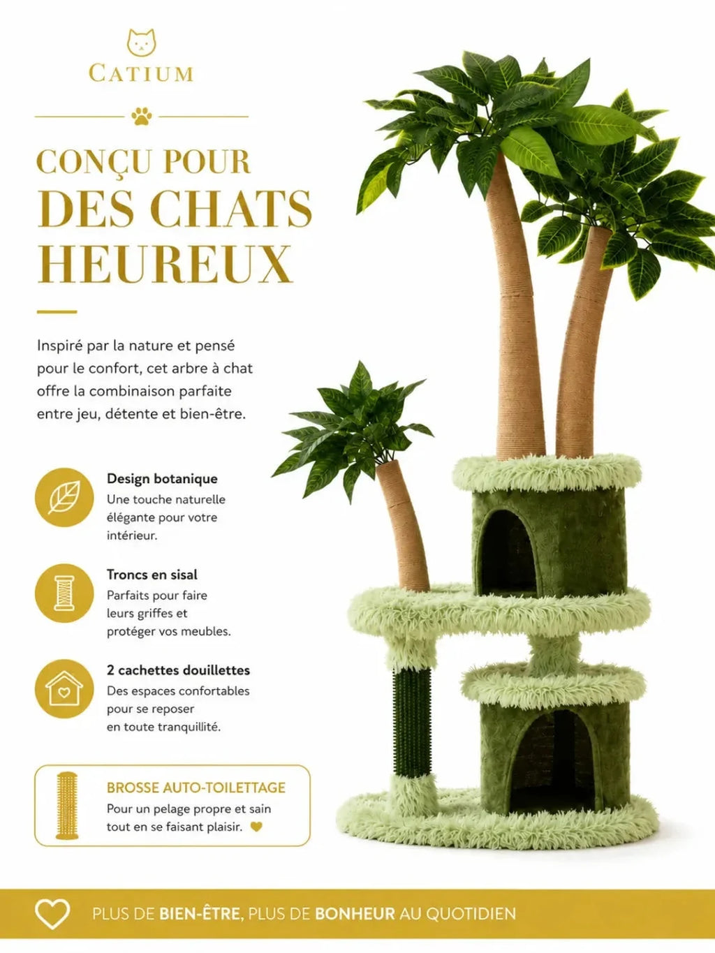 Deux niches placées à différentes hauteurs et troncs en sisal de l’arbre à chat Canoporia.