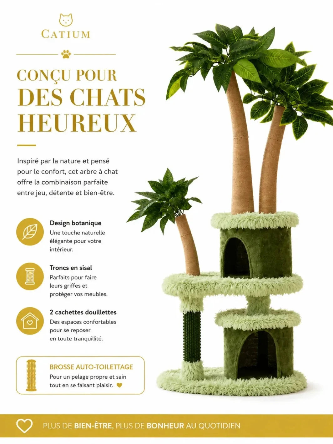 Deux niches placées à différentes hauteurs et troncs en sisal de l’arbre à chat Canoporia.
