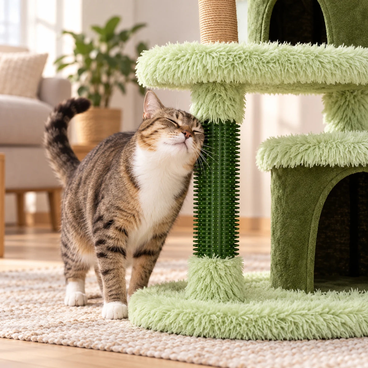 Gros plan d’un chat utilisant la brosse auto-toilettante intégrée à l’arbre à chat Canoporia.
